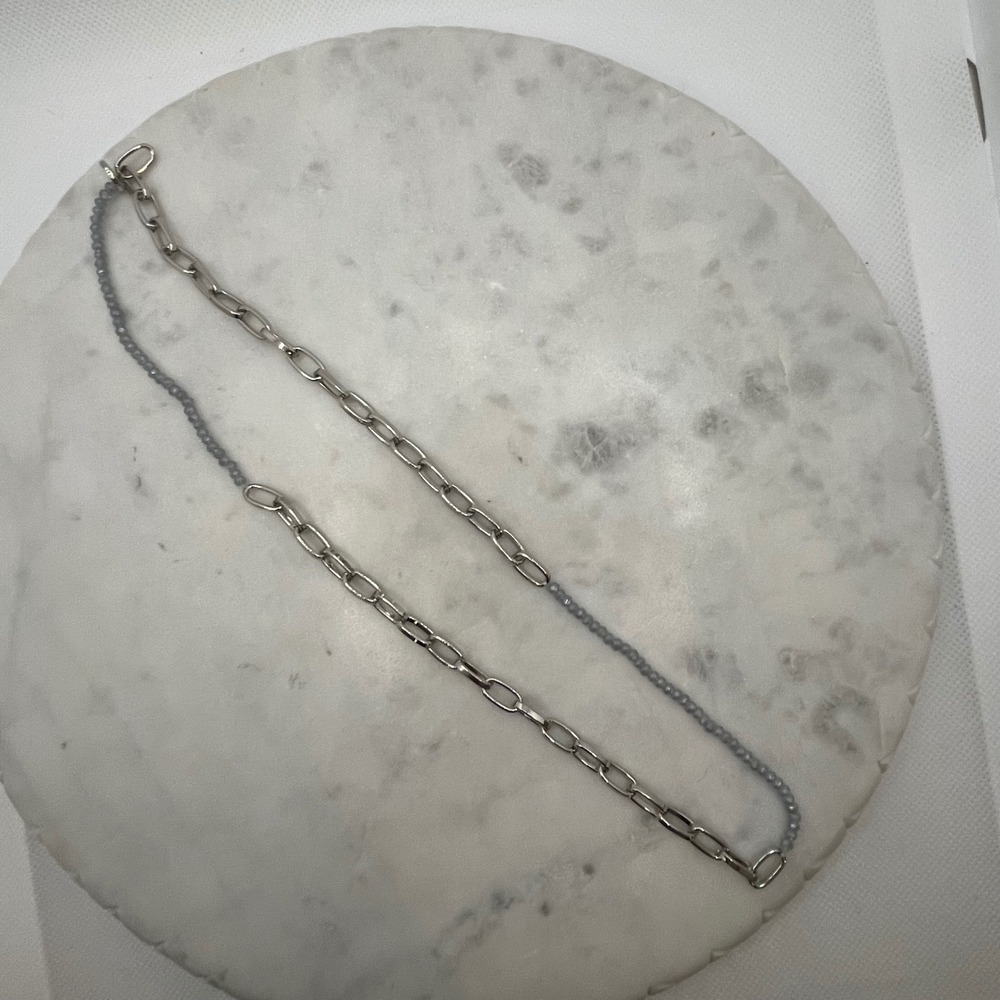 Marilyn Schiff Paperclip Necklace Silver Tone Chain Blue Grey Faceted Bead Jewel